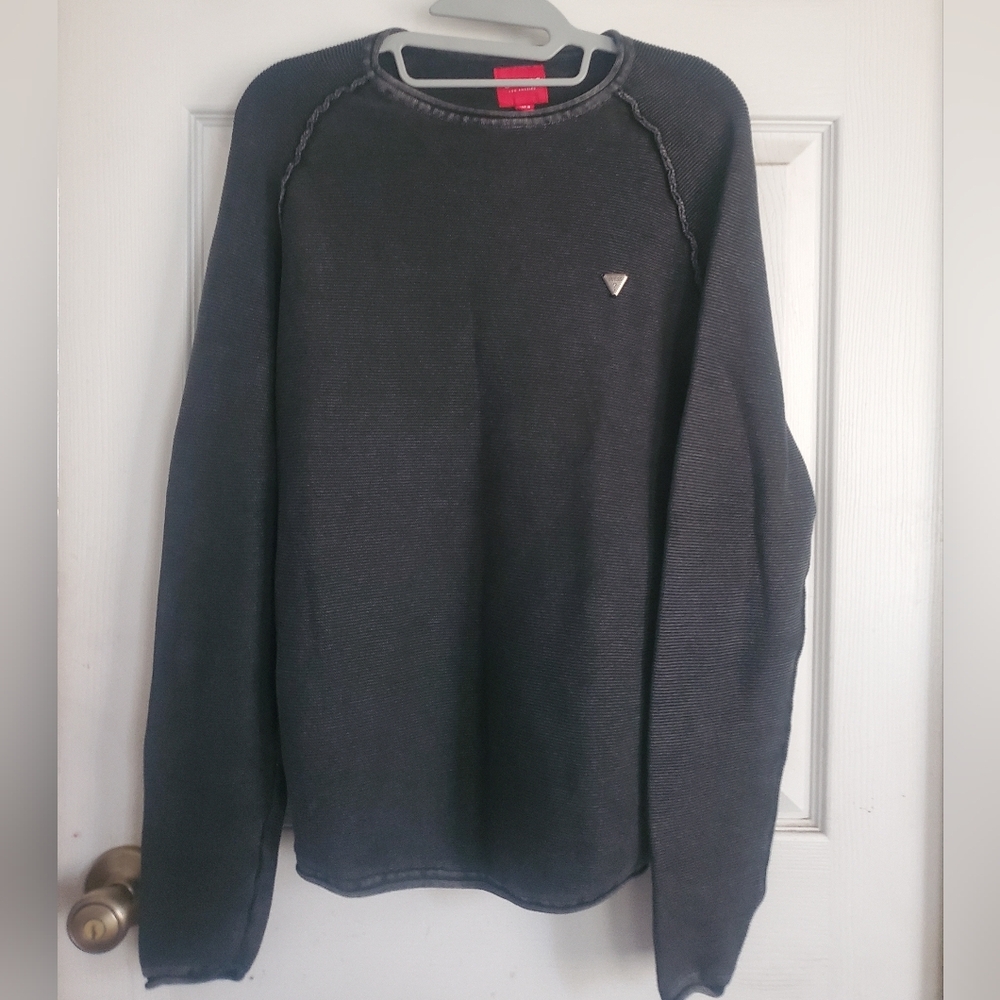 Guess Men's Dark Gray Crewneck Thermal Sweater with Small Metal Logo